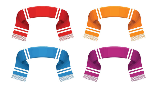 Colorful football scarves with white stripes and fringe detail presented in a clean isolated collection
