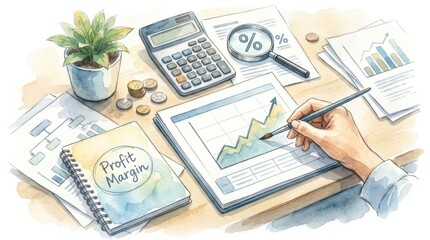 Obraz premium small business profit margin calculation Business workspace with financial charts, calculator, and profit margin notes