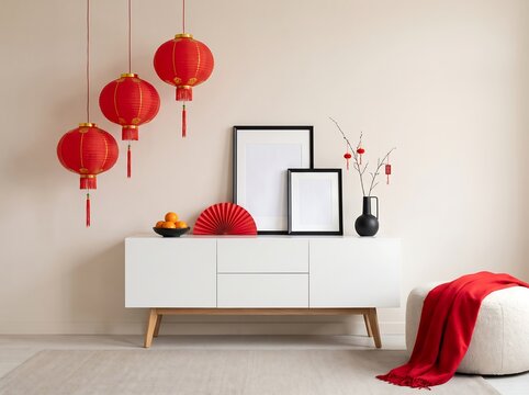 Modern Chinese New Year Decor with Red Lanterns and Minimalist Sideboard