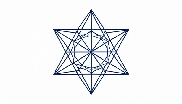 A complex geometric star pattern is formed by thin dark blue lines on a white background.