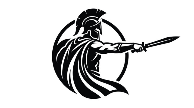 Fierce spartan warrior holding a sharp sword inside a clean circular frame vector graphic design