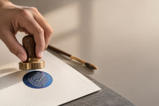 Human-made verification seal being embossed by hand on textured cotton paper with blue metallic fingerprint checkmark symbolizing certified human authenticity and provenance for creative work
