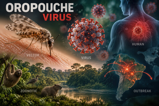 Oropouche virus outbreak concept showing Oropouche Orthobunyavirus transmission by Culicoides paraensis biting midge zoonotic epidemic spread human infection vector reservoir South America map