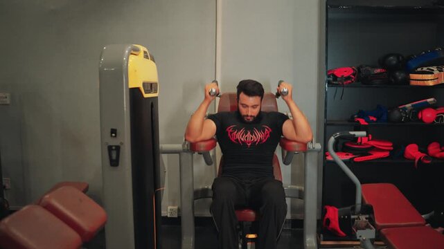 Medium front video shot of an athletic man performing seated abdominal crunch machine exercise for core strength and abdominal muscle development in a gym.