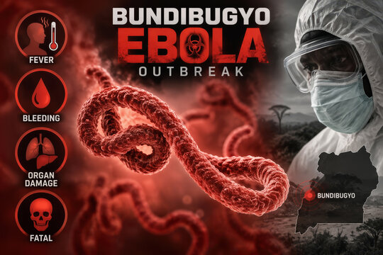Bundibugyo Ebola outbreak virus concept poster with red Ebola virion filament, hemorrhagic fever symptoms fever bleeding organ damage fatal, Bundibugyo map and hazmat worker protective suit