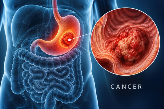 Stomach tumor and digestive cancer illustration showing gastric tumor in digestive system anatomy gastric cancer diagnosis visualization medical concept gastrointestinal disease pain