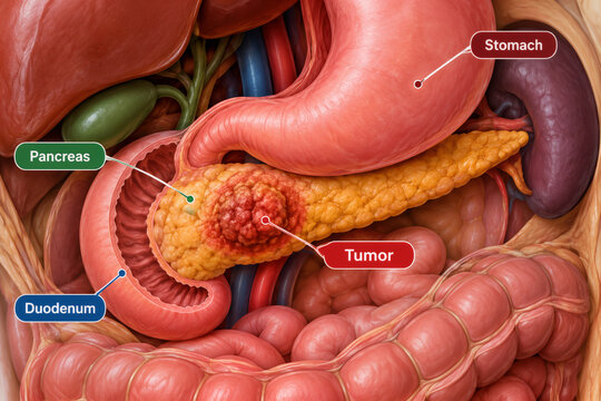 Pancreatic cancer malignant tumor in pancreas anatomical cross section of abdominal organs stomach pancreas duodenum digestive system medical illustration awareness
