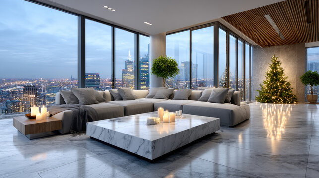 Luxurious penthouse living room with a glowing christmas tree. Soft candle light. And a comfortable sectional sofa offering a panoramic city skyline view at dusk