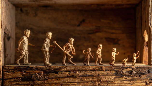 A progression of human figures depicting the journey of evolution from ancient ancestry to modern development.