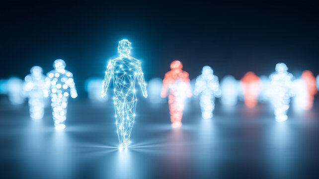 Digital human figures represent population distribution and demographic analysis for market segmentation research.
