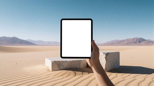 Person holds blank digital tablet in hand over desert sand. Minimalist mockup with white screen in arid landscape. Hand holds device near stone blocks under blue sky. Great for travel app, tech promo