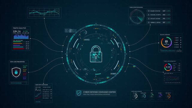 Motion graphic of a digital cybersecurity dashboard featuring a central padlock icon, displaying network traffic analytics and threat detection for privacy.
