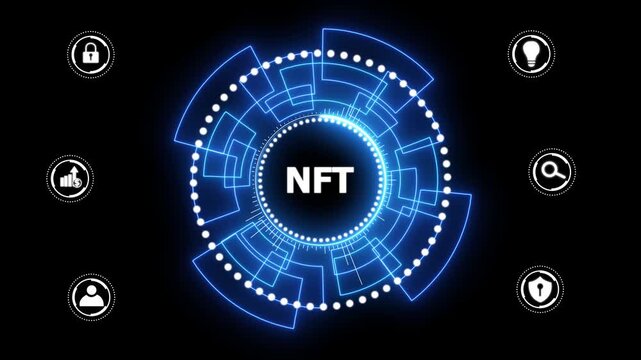 NFT Non-fungible token digital crypto on virtual screen. glowing animation on black background.4k video.