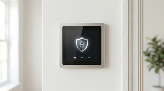 Smart home security touch screen panel mounted on white wall showing active protection icon in modern house interior close up