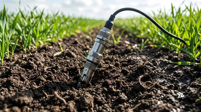 Smart agriculture soil moisture sensor probe inserted into fertile soil in green field for precision farming close up