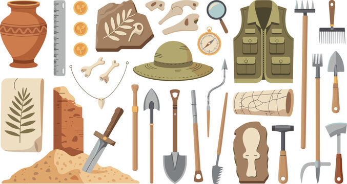 Archaeology and paleontology vector element collection featuring historical artifacts fossils digging shovels tools vest hat bones and ancient pottery isolated on white background