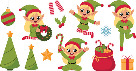 Obraz premium Christmas elf girl cartoon characters vector collection featuring cute little helpers with trees wreath candy canes and gift sack isolated on white background