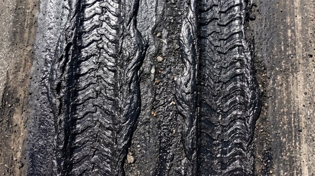 Tire tracks impressed in wet tar and liquid asphalt road surface texture