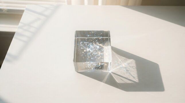 A clear glass cube containing a glowing swirling galaxy on white surface