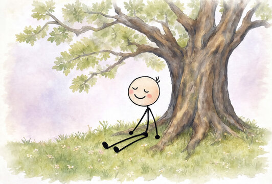 Stick figure character sitting and resting against a large oak tree trunk in a watercolor meadow.