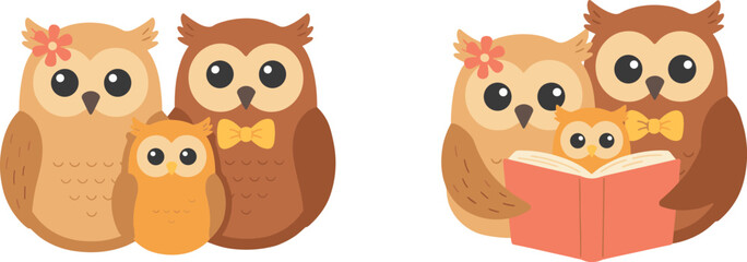 Obraz premium Cute cartoon owl family vector collection featuring sweet bird parents with baby owlet reading a book together for education concepts isolated on white background