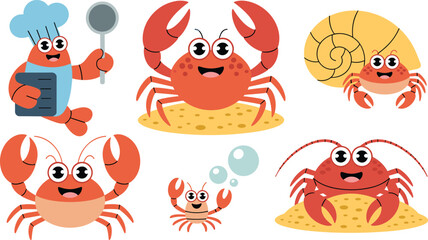 Fototapeta premium Cute crab cartoon characters vector collection featuring red sea crabs chef crab lobster hermit crab and aquatic beach wildlife isolated on white background