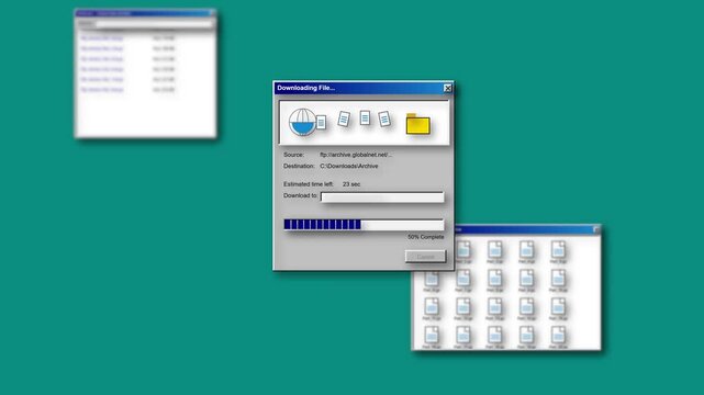 Retro computer downloading file UI, vintage operating system interface, progress bar animation