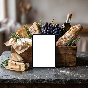 farmer food set with cheese grapes and bread in wooden box next to tablet with empty screen for ordering food