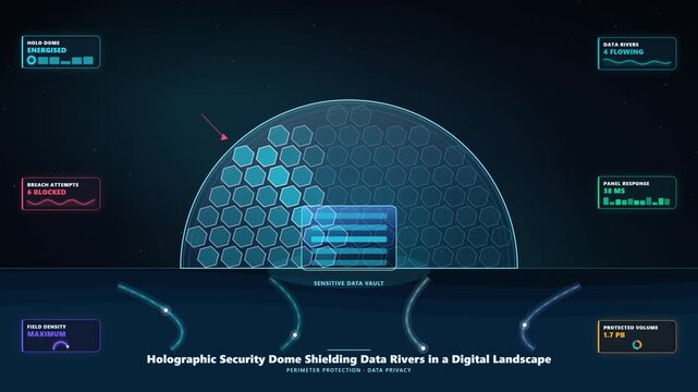 Holographic Dome Protecting Data Rivers from Breach Attempts in Cybersecurity Animation