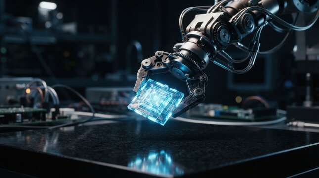 A Robotic Arm Holds A Glowing Futuristic Microchip In A Dark Laboratory