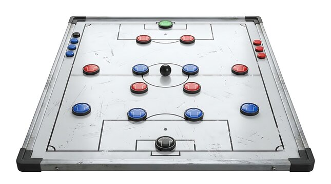 Tactical soccer coaching board with player magnets on a scuffed metal field