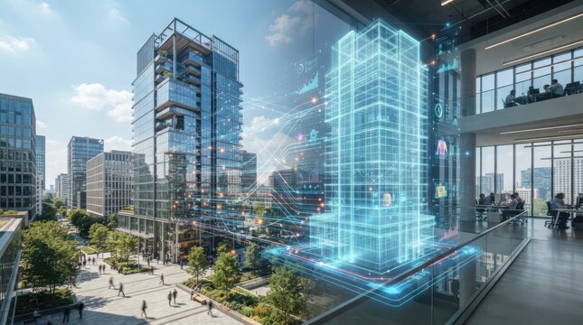 A Futuristic Digital Twin of a Modern Office Building Projected in Space