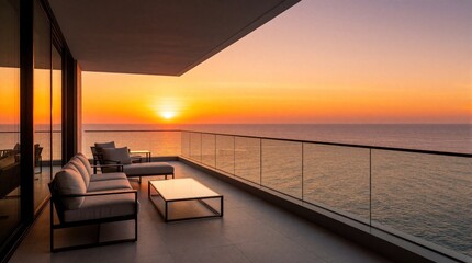 Obraz premium Modern balcony with luxury outdoor furniture overlooks ocean at sunset. Elegant terrace features lounge sofa, coffee table, glass railing. Beautiful orange sky above calm sea horizon. High end