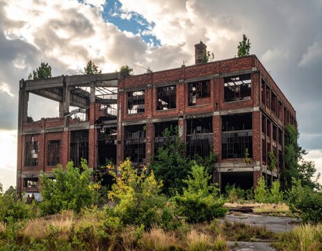 Abandoned industrial factory building decaying with overgrown vegetation
