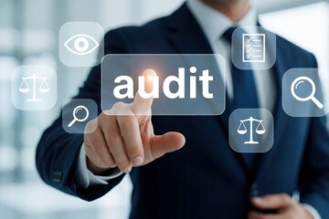 Obraz premium Businessman in dark suit touches digital screen with audit text. Pro man interacts with virtual interface showing scale, eye icons. Concept of financial control, business inspection, legal