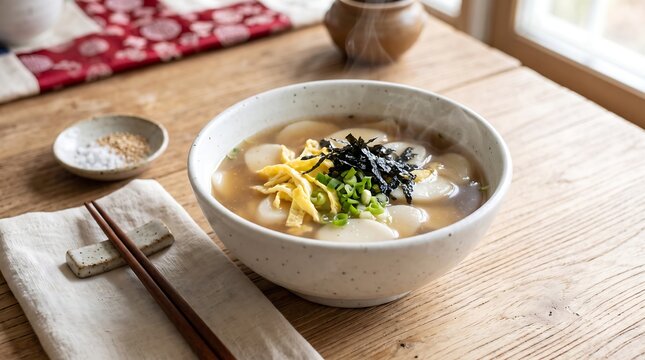 Steaming bowl of Japanese mochi soup with seaweed and green onions on wooden table