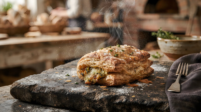 Freshly baked savory meat pie served on a dark stone board in a rustic kitchen setting