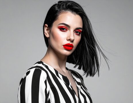 Woman wearing vibrant red makeup and striped top