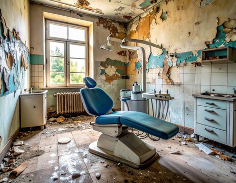 Abandoned dental clinic room showing decay and ruin