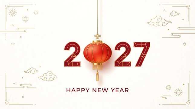 Chinese New Year 2027 Greeting Card Design with Red Lantern