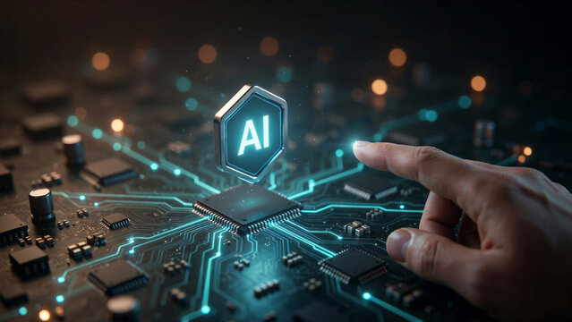 Human hand pointing towards glowing hexagonal artificial intelligence symbol hovering over circuit board chip.