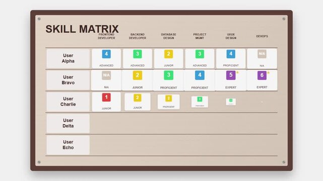 Competency tracking board displaying employee evaluation levels and project management skills assessment grid