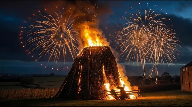 Bonfire fire and fireworks in British England on holiday celebration Guy Fawkes Night AI Generative