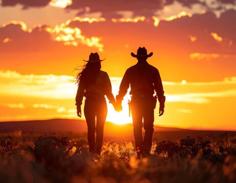 Cowboy couple walking into sunset holding hands