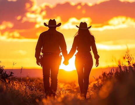 Cowboy and Woman Walking Hand in Hand at Sunset