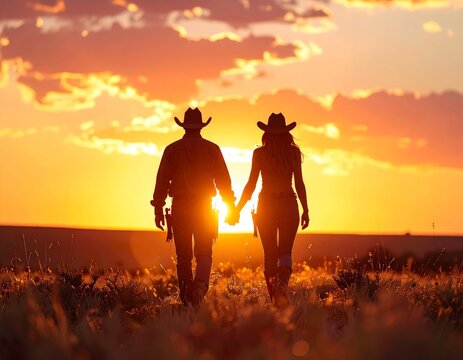 Cowboy and Woman Walking Hand in Hand at Sunset