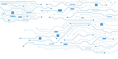Obraz premium Futuristic technology circuit board background, blue electronic PCB lines and digital nodes vector illustration, abstract cyber motherboard pattern for high tech systems