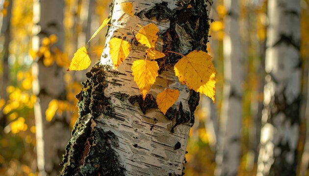Golden birch leaves glowing in autumn sunlight on a textured tree trunk