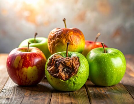 Rotten green apple surrounded by fresh apples