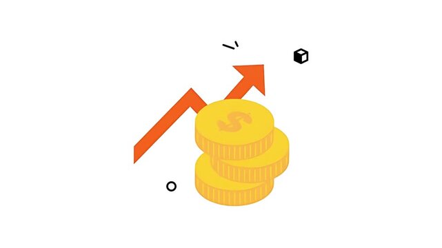 Isometric Illustration of Gold Coin Stacks with a Rising Orange Arrow Symbolizing Financial Growth, Profit Increase, and Economic Success